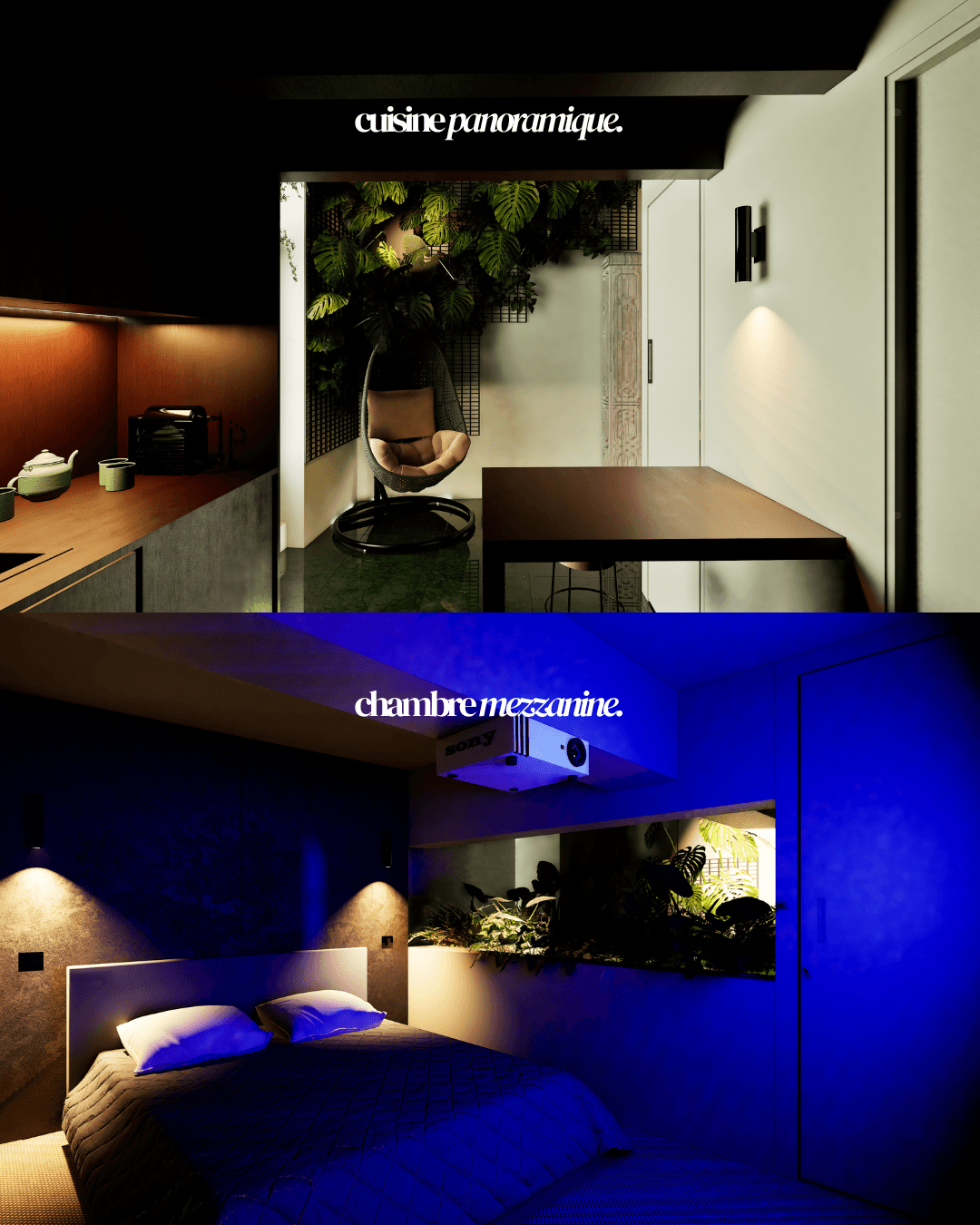 Espaces de vie végétalisés — cuisine, banquette, mur textile