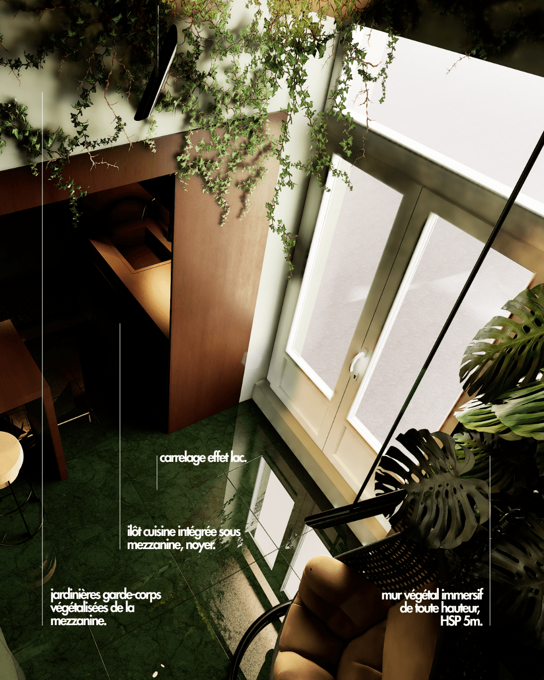 Chambre mezzanine avec mur végétal immersif toute hauteur